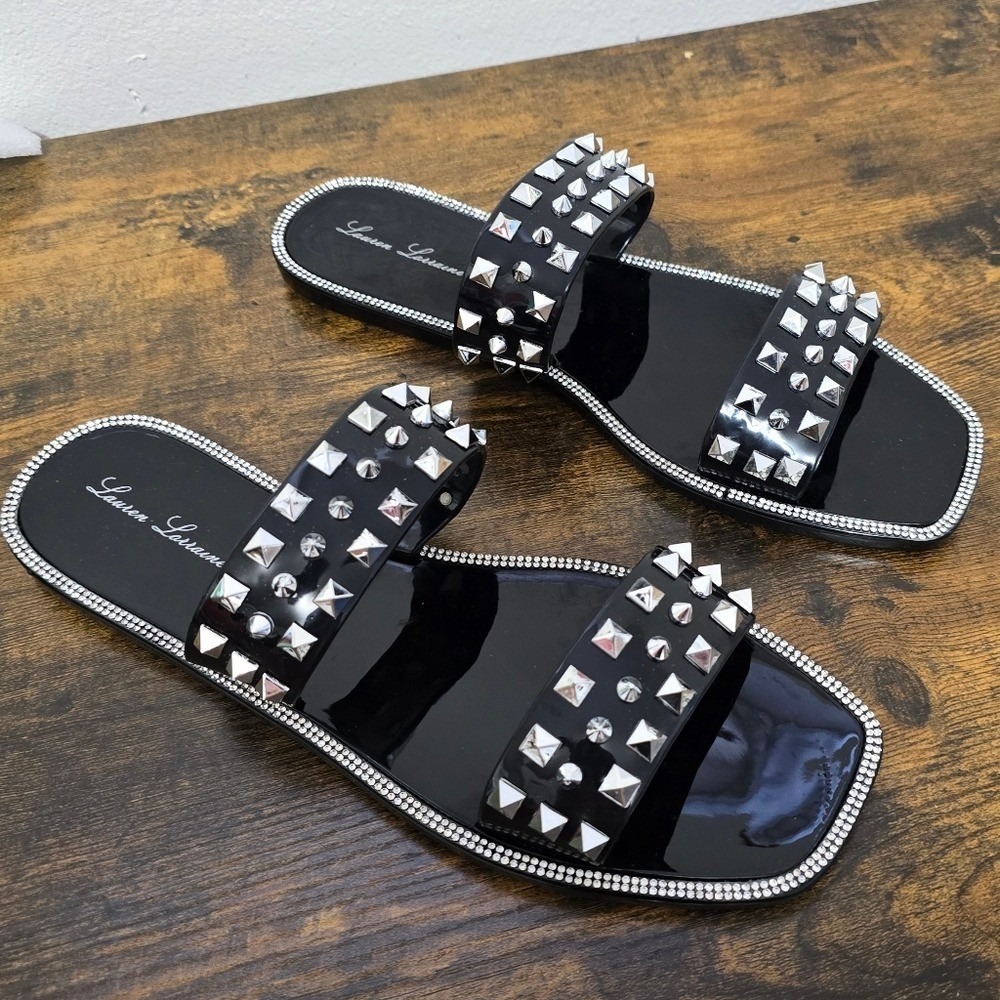 Lauren Lorraine Studley Black Stud Rhinestone Jelly Slide Sandals Size 11 - Picture 2 of 8